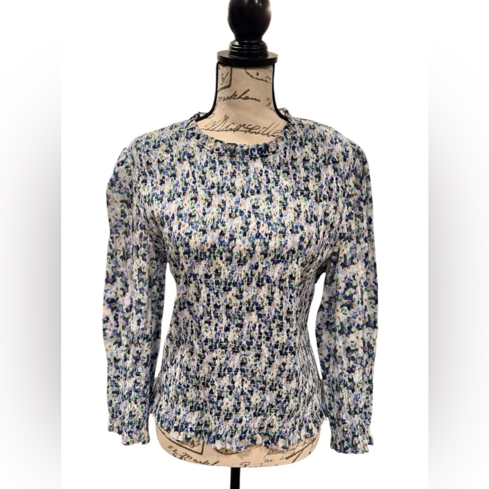 Veronica Beard Kali Smocked Blue and White Floral Blouse Women’s Size 14 - Picture 3 of 14